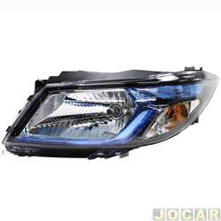 Farol principal - F2J Lighting (antiga Valeo) - <b>Chevrolet Onix Hatch LS 1.0 8V SPE/4 cmbio manual Flex 4P de 2012 at 2016</b> - Onix 2012 at 2016 - Prisma 2013 at 2016 - acabamento azul - lado do motorista - cada (unidade) - LI000195