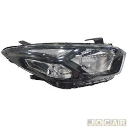 Farol principal - importado - <b>Chevrolet Onix Hatch LT 1.4 8V cmbio manual Econo.Flex 4P de 2016 at 2019</b> - Onix/Prisma LT 2017 at 2019 - Joy/Joy Plus 2020 at 2022 - H4 - mscara negra - friso preto - sem LED - manual - lado do passageiro - cada (unidade) - 27596