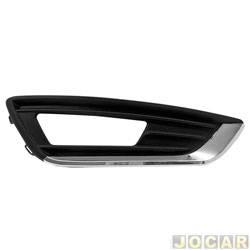 Grade (moldura) lateral do para-choque - importado - <b>Ford Focus Hatch Titanium Plus 2.0 16V PowerShift Flex de 2015 at 2019</b> - Focus 2015 at 2019 - com furo para milha - cromada - dianteiro - lado do passageiro - cada (unidade) - 25280