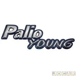 Letreiro - alternativo - <b>Fiat Palio Hatch Young 1.0 mpi 2P de 2000 at 2002</b> - Palio 2000 at 2002 - Palio Young - cromado com fundo azul - cada (unidade)