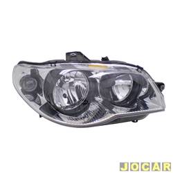 Farol principal - Magneti Marelli - <b>Fiat Palio Hatch EX 1.0 8V Flex 2P de 2005 at 2007</b> - Palio 2004 at 2007 - Economy 2009 at 2017 - H7/H7 - mscara cromada - canho preto - lado do passageiro - cada (unidade) - IMM0311107