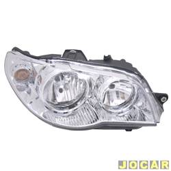 Farol principal - importado - <b>Fiat Palio Hatch EX 1.0 8V Flex 2P de 2005 at 2007</b> - Palio 2004 at 2007 - Economy 2009 at 2014 - H7/H7 - mscara cromada - canho cromado - lado do passageiro - cada (unidade) - 023047