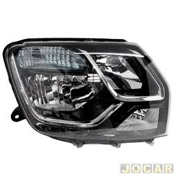 Farol principal - importado - <b>Renault Duster Expression 4X2 1.6 16V SCe Flex 4P de 2016 at 2020</b> - Duster 2015 at 2020 - regulagem manual - cpula azul - lado do passageiro - cada (unidade) - 27238
