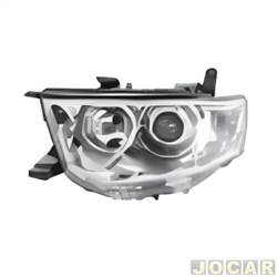 Farol principal - importado - <b>Mitsubishi Pajero Dakar HPE 4X4-AT 3.5 V6 Flex 4P de 2012 at 2013</b> - Pajero Dakar 2009 at 2013 - cromado - lado do motorista - cada (unidade) - 32679