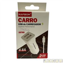 Carregador de celular - Acessrios importados - para acendedor - 3A Lightning - Kapbom - 2 sadas 4.8A - branco - cada (unidade) - KA-C107-5G
