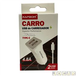 Carregador de celular - Acessrios importados - para acendedor - 3A USB Tipo-C - Kapbom - 2 sadas 4.8A - branco - cada (unidade) - KA-C107-TY