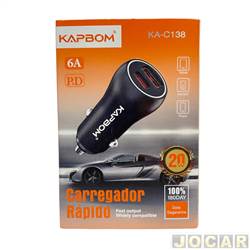 Carregador de celular - Acessrios importados - para acendedor - 6A USB e Tipo-C 20W - Kapbom - 2 sadas - preto - cada (unidade) - KA-C138
