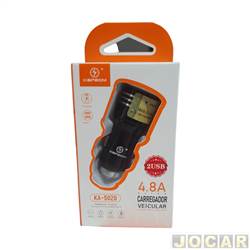 Carregador de celular - Acessrios importados - para acendedor - 4.8A USB - Kapbom - 2 sadas - preto - cada (unidade) - KA-5020